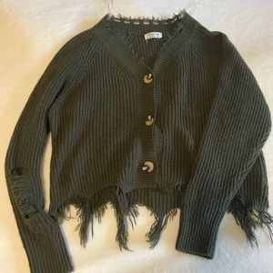 Green Distressed Button up Knitted Sweater